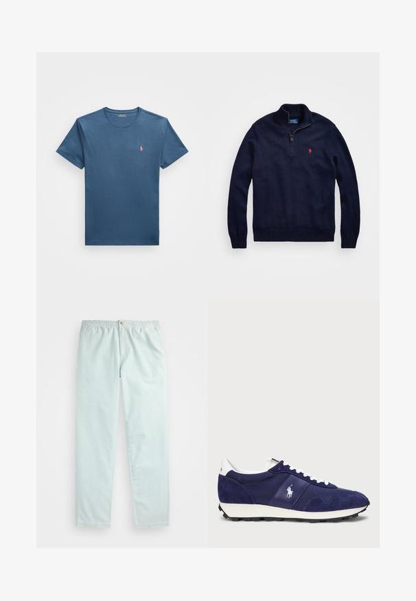 Tumši zils adīts džemperis ar augstu apkakli, pusceļa rāvējslēdzēju, ribinātām aprocēm un apakšmalu, kā arī mazu sarkanu logotipu uz krūškurvja.; Polo Ralph Lauren CUSTOM SLIM FIT JERSEY CREWNECK T-SHIRT - Pamata T-krekls - clancy blue; Gaiši zili, brīvi pieguļoši bikses ar elastīgu jostasvietu, ar sānu kabatām un vienu pogu aizdare priekšā.; Jūras zila apavi, kas izgatavoti no samta un auduma, ar baltām auklām, gumijas zoli un mazu logo uz sāniem.