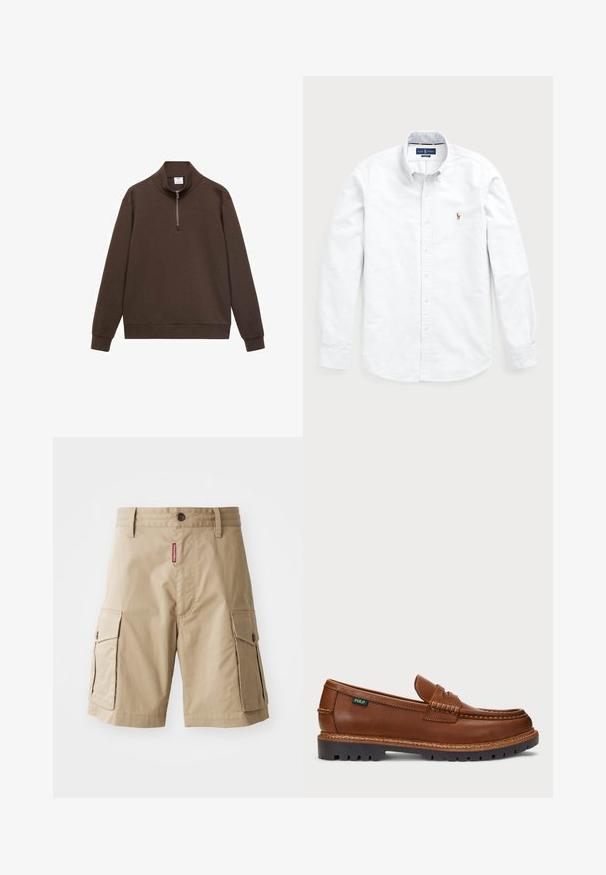 Pulover maro cu guler înalt și fermoar pe un sfert. Fabricat dintr-un material moale, are mâneci lungi și o croială lejeră.; Cămașă albă cu mânecă lungă și nasturi, fabricată din bumbac. Are un guler deschis, închidere cu nasturi și un mic logo brodat pe piept.; Pantaloni scurți cargo bej dintr-un amestec de bumbac, prevăzuți cu două buzunare laterale, închidere cu button și o etichetă roșie cosută pe partea din față.; Mocasini din piele maro, cu cusături decorative și vârful texturat. Talpa prezintă un design robust, oferind aderență și durabilitate.