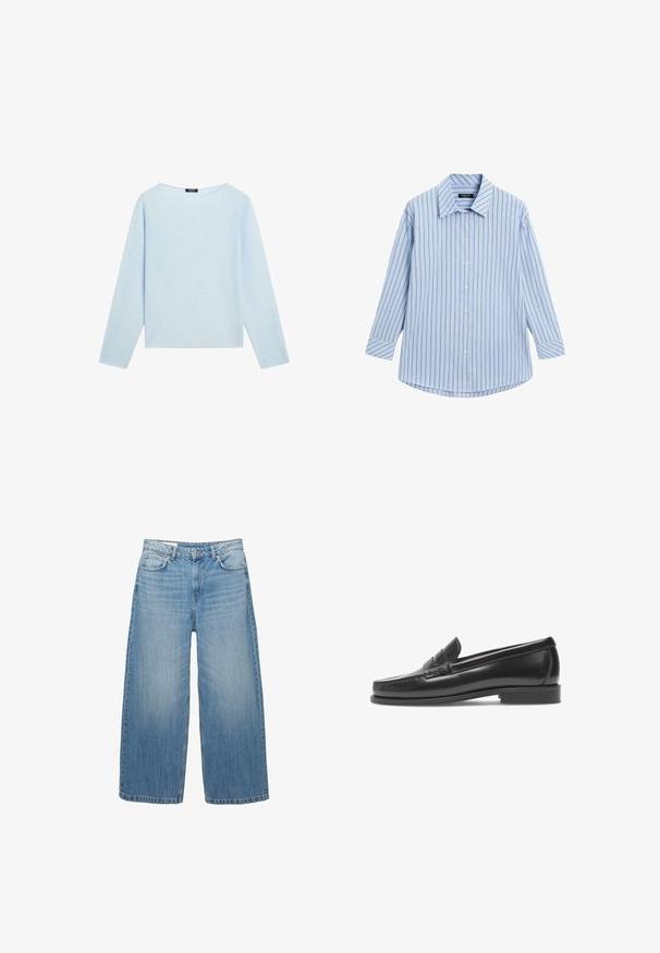 Helles blaues Langarm-Sweatshirt mit weiter Bootsausschnitt und geradem Saum, auf einem weißen Hintergrund präsentiert.; Hellblaues Hemd mit knöpfbarem Kragen, vertikalen weißen und dünnen roten Streifen, langen Ärmeln und abgerundetem Saum.; Hellblaue weite Jeans aus Denim, mit einem klassischen Fünf-Taschen-Design und einem Knopfverschluss. Im ganzen Stoff mit einem verwaschenen Look.; Schwarze Leder-Penny-Loafer mit glatter Oberfläche, niedrigem Absatz und dekorativem Band. Merkmale sind eine gestickte Zehenpartie und ein minimalistische Design.