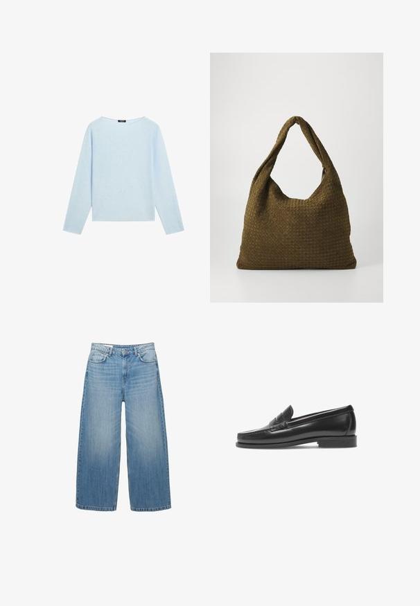 Lichtblauwe langemouwentrui met een brede bateauhals en een rechte zoom, weergegeven op een witte achtergrond.; Lichtblauw overhemd met verticale witte en dunne rode strepen, lange mouwen, klassieke kraag en een gebogen zoom.; Lichtblauwe wijde jeans van denim, met een klassieke vijf-pocketontwerp en een knoopsluiting. Verbleekte textuur overal.; Zwarte leren penny loafers met een gladde afwerking, lage hak en decoratieve band. Bevat gestikte neus en minimalistisch ontwerp.; Geweven stoffen handtas in olijfgroen met een ruime, ronde vorm en een enkele, lange handgreep om te dragen. Gestructureerd oppervlak.
