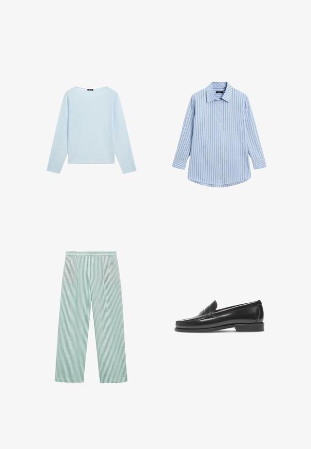 Lichtblauwe langemouwentrui met een brede bateauhals en een rechte zoom, weergegeven op een witte achtergrond.; Lichtblauw overhemd met verticale witte en dunne rode strepen, lange mouwen, klassieke kraag en een gebogen zoom.; Lichtgroene wijde broek met verticale donkere strepen, elastische tailleband en een gladde textuur. Geen zakken of extra versieringen.; Zwarte leren penny loafers met een gladde afwerking, lage hak en decoratieve band. Bevat gestikte neus en minimalistisch ontwerp.