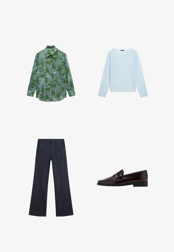 Helles blaues Langarm-Sweatshirt mit weiter Bootsausschnitt und geradem Saum, auf einem weißen Hintergrund präsentiert.; Grünes Langarmhemd mit blauem Paisleymuster, aus leichtem Stoff mit klassischem Kragen und Knopfleiste.; Dunkelblaue Denim-Hosen mit weitem Bein, seitlichen Taschen, glatter Textur und flachem Bund. Besondere Merkmale sind die stylischen Falten an den Beinen.; Brauner Lederloafer mit einer Mokassin-artigen Vorderseite, hochgezogener Naht entlang des Vamps und einer niedrigen schwarzen Gummisohle. Glatte, polierte Oberfläche.
