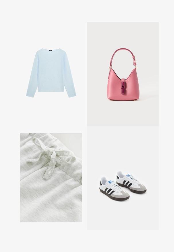 Maglione azzurro chiaro a maniche lunghe con scollo a barca largo e orlo dritto, esposto su uno sfondo bianco.; Tessuto grigio chiaro con una consistenza morbida, caratterizzato da un dettaglio a papillon realizzato con un nastro testurizzato coordinato in vita.; Scarpe sportive con tomaia in pelle bianca, punta in suede grigia e tre strisce nere. Presentano un logo blu sulla linguetta e una suola in gomma testurizzata.; Borsa in pelle rosa con una forma strutturata, caratterizzata da una chiusura lucida e una sola tracolla regolabile. Finitura texturizzata con hardware dorato.