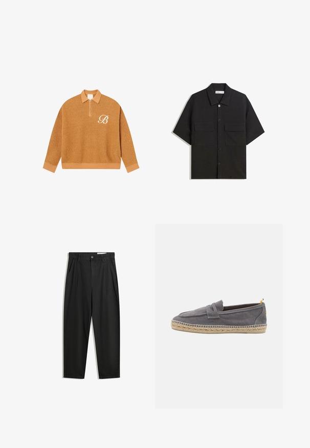 Honigfarbener Strickpullover mit einem Reißverschlusskragen. Mit gerippten Bündchen und Saum, strukturierter Stoffqualität und einem gestickten weißen Buchstaben ‚B‘ Detail.; Schwarzes kurzärmliges Shirt aus Stoff mit glatter Textur, verfügt über zwei Vorderaschen, einen klassischen Kragen und einen Knopfverschluss.; Schwarze Baumwollhose mit lockerem Schnitt, ausgestattet mit einem klassischen Bund, vorderen Falten und Seiten taschen. Glatte Textur ohne Muster.; Grau canvas Schlupfschuh mit geflochtener Jutesohle und kontrastierendem gelben Akzent an der Ferse, mit einer glatten Textur und minimalistischen Design.