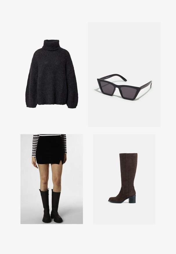 Dunkelgrauer Rollkragenpullover aus strukturiertem Strickmaterial, mit lockeren Ärmeln und oversized Passform sowie offenen Strickdetails an den Schultern.; Schwarzer Samt-Minirock mit einem seitlichen Schlitz, kombiniert mit kniehohen schwarzen Gummistiefeln mit strukturiertem Finish und Schlaufelementen. Gestreiftes Langarmoberteil.; Braune Wildlederstiefel bis zum Knie mit Blockabsatz und glatter Oberfläche. Abgerundete Zehen und auffällige Nahtdetails am Schaft.; Schwarze, eckige Sonnenbrille mit grauen Gläsern; aus Kunststoff gefertigt, mit dicken Bügeln, die eine glatte Oberfläche und keine sichtbaren Beschläge haben.