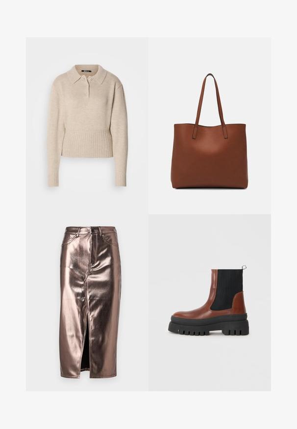Beige pletený svetr s dlouhými rukávy, žebrovanými manžetami a lemem, a krátkým zapínáním na knoflíky pod klasickým límcem.; Metalická bronzová midi sukně s předním rozparkem, klasického denimového střihu, pěti kapsami a zapínáním na knoflík v pase.; Hnědé kožené kotníkové boty s černými elastickými panely, robustní černou gumovou podrážkou a poutkem vzadu pro snadné obutí.; Hnědá kožená taška přes rameno s hladkou texturou, otevřeným designem a dvěma ramenními popruhy. Obsahuje minimální švy a žádné viditelné kovové prvky.
