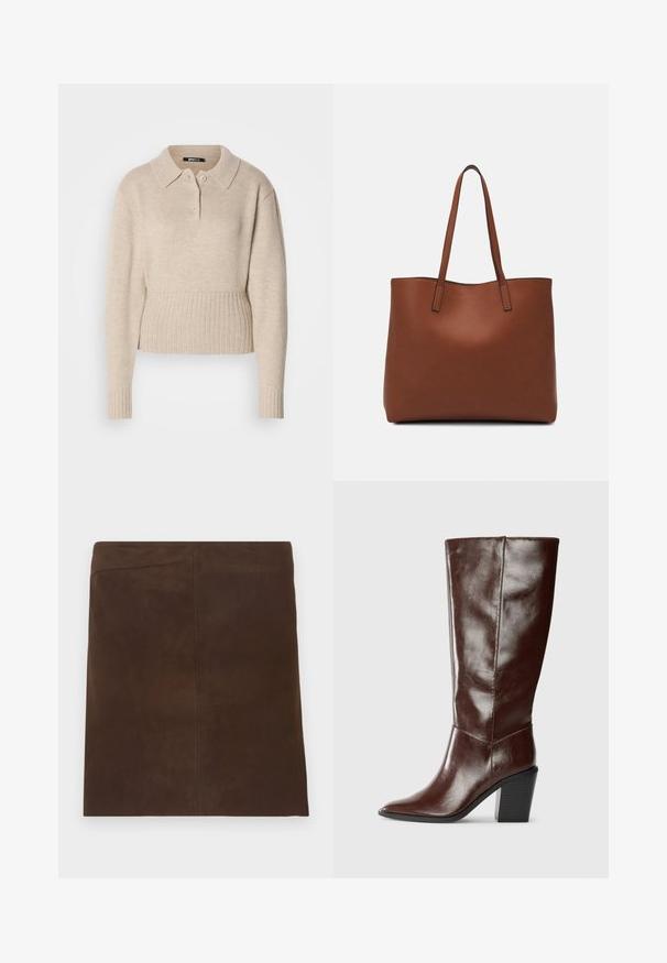 Beige kötött pulóver hosszú ujjakkal, bordázott mandzsettákkal és szegéllyel, valamint rövid gombos pánttal a klasszikus gallér alatt.; Barna velúr miniszoknya letisztult, egyszerű dizájnnal. Egyenes fazonú, és varrás nélküli függőleges varratokkal rendelkezik a minimális részletezés érdekében.; Magas, sötétbarna bőr csizma hegyes orral és tömb sarkal, oldalról mutatva, sima háttér előtt.; Barna bőr vászontáska sima textúrával, nyitott tetejű dizájnnal és két vállpánttal. Minimális varrással és látható hardver nélkül készült.