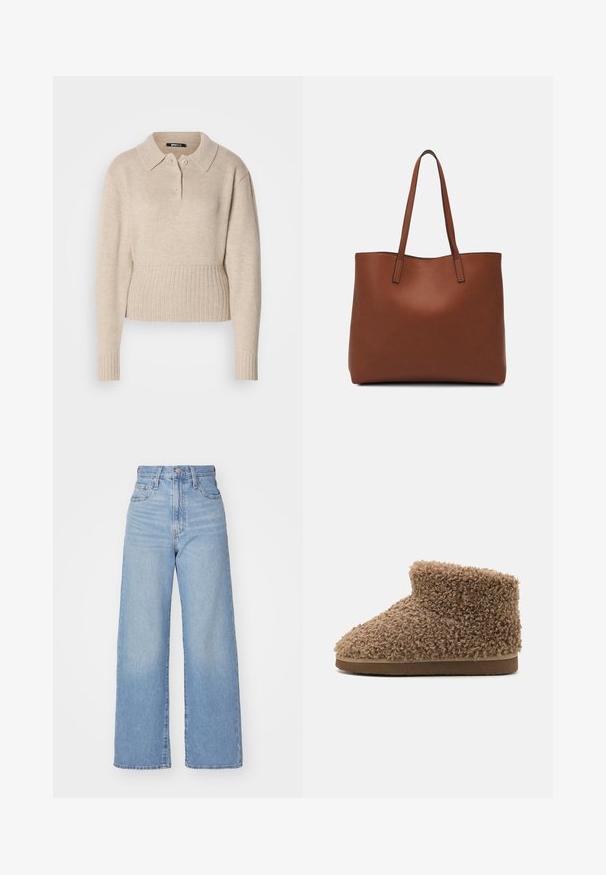 Beige kötött pulóver hosszú ujjakkal, bordázott mandzsettákkal és szegéllyel, valamint rövid gombos pánttal a klasszikus gallér alatt.; Világoskék, magas derekú, bő szárú farmernadrág, elülső gombbal és cipzárral, elülső és hátsó zsebekkel, fehér háttérrel.; Barna, bolyhos papucs, puha, göndör textúrával, alacsony bokamagassággal és lekerekített orrdizájnnal, sík, eltérő színű talppal.; Barna bőr vászontáska sima textúrával, nyitott tetejű dizájnnal és két vállpánttal. Minimális varrással és látható hardver nélkül készült.