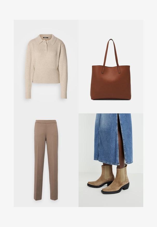 Bež kudumisvetti, millel on pikad varrukad, soonikkoes mansetid ja äär, ning lühike nööbiplakk klassikalise krae all.; Pruunid, kehaümberlükkavad püksid siledast, elastsetest materjalidest. Sirged säärtega ja lame vöökoht, ilma nähtava riistvara või taskuteta.; Küpsetatud nahast vasika-kõrgused saapad beežides toonides, elastsete külgpanelitega ja musta plokkninakuga. Kantud helesinise teksaseeliku kõrval lõhikuga.; Pruun nahast tote-kott, millel on sile tekstuur, avatud ülaosa disain ja kaks õlarihma. Omab minimaalset õmblust ja nähtavat riistvara ei ole.