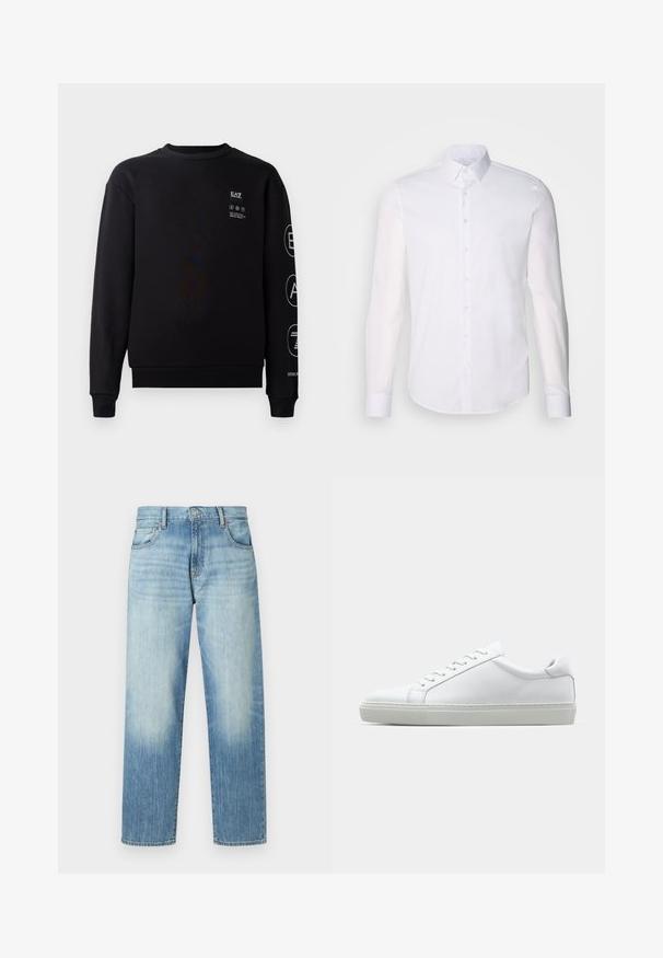 Sort sweatshirt lavet af bomuld med rund hals, ribbede manchetter og kant. Har hvide logo-detaljer på fronten og ærmet.; Hvid langærmet button-up skjorte lavet af bomuld, med en klassisk krave, frontknapper og minimal syning detalje.; Lys blå denim jeans med lige pasform, med subtil falming, fem lommer og knaplukning. Mellemhøj talje.; Hvide sneakers med en glat læderoverdel og lav profil. Har en rund tå, seks snørehuller og en tekstureret gummisål.