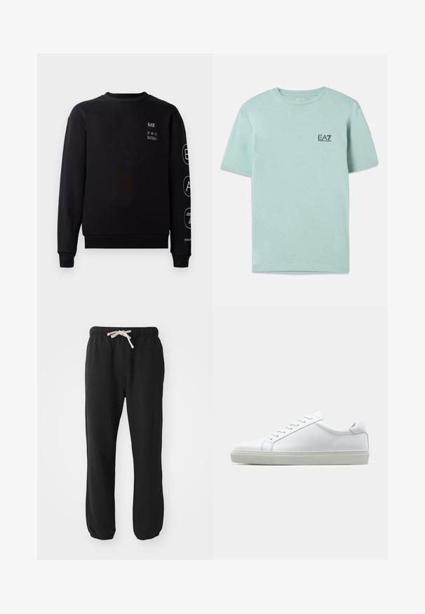 Sweatshirt preto feito de algodão, com gola redonda, punhos e barra canelados. Apresenta detalhes do logótipo em branco na parte da frente e na manga.; T-shirt verde menta claro feita de algodão, com mangas curtas e decote redondo, apresentando um pequeno logo preto EA7 no peito.; Calças de fato pretas com um cós elástico e cordão, pernas ajustadas com punhos elásticos, feitas de um tecido suave. Sem bolsos visíveis.; Sapatilha branca com um cabedal em couro liso e de perfil baixo. Apresenta um bico redondo, seis ilhoses e uma sola de borracha texturizada.