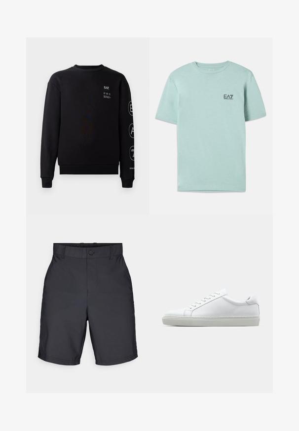 Sweatshirt preto feito de algodão, com gola redonda, punhos e barra canelados. Apresenta detalhes do logótipo em branco na parte da frente e na manga.; T-shirt verde menta claro feita de algodão, com mangas curtas e decote redondo, apresentando um pequeno logo preto EA7 no peito.; Calções de banho pretos com uma textura suave, cintura elástica com fecho de botão e um design simples e straight-cut.; Sapatilha branca com um cabedal em couro liso e de perfil baixo. Apresenta um bico redondo, seis ilhoses e uma sola de borracha texturizada.
