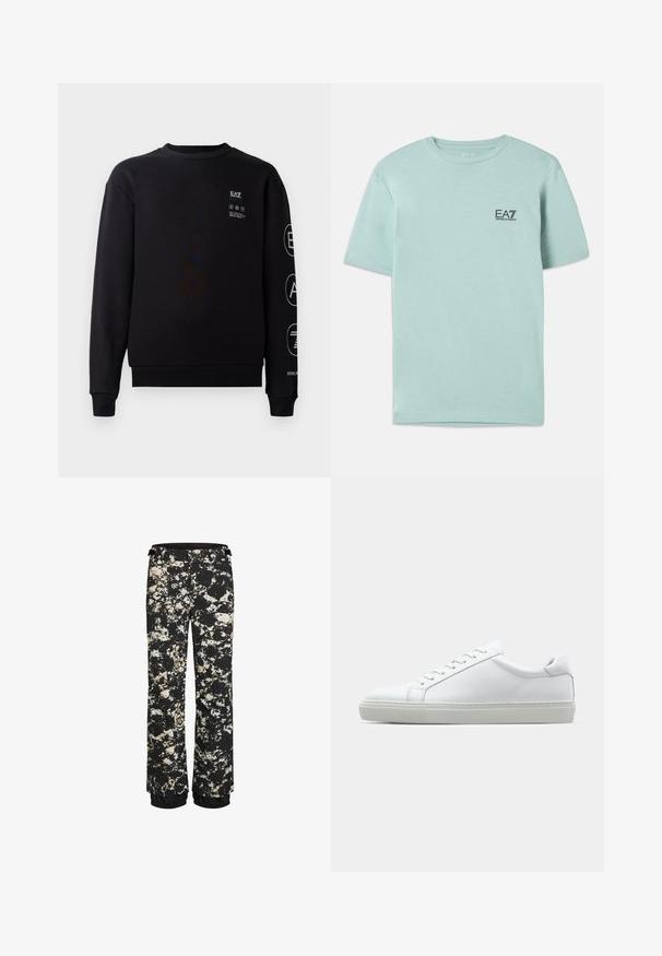 Schwarzes Sweatshirt aus Baumwolle mit Rundhalsausschnitt, gerippten Bündchen und Saum. Mit weißen Logodetails auf der Vorderseite und dem Ärmel.; Helles mintgrünes T-Shirt aus Baumwolle, mit kurzen Ärmeln und rundem Ausschnitt, mit einem kleinen schwarzen EA7-Logo auf der Brust.; Schwarze wasserfeste Schneehosen mit einem Spritzer-Muster in Creme und Braun. Verfügt über einen elastischen Saum und einen verstellbaren Bund.; Weißer Sneaker mit glattem Lederobermaterial und niedrigem Profil. Verfügt über eine runde Zehenpartie, sechs Ösen und eine strukturierte Gummisohle.