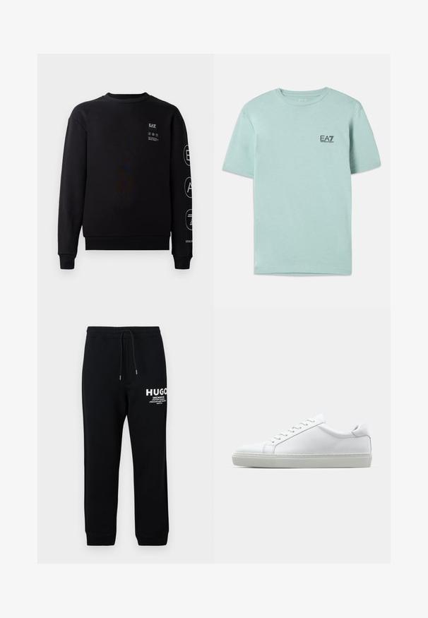 Melnā kokvilnas puloverī ar apaļu kakla izgriezumu, ribotām piedurknēm un apakšmalu. Priekšpusē un uz piedurknēm ir baltas logotipa detaļas.; Gaisni piparmētru zaļš T-krekls, kas izgatavots no kokvilnas, ar īsām piedurknēm un apaļu kaklu, uz krūtīm ar mazu melnu EA7 logotipu.; Melni sporta bikses, izgatavotas no kokvilnas maisījuma, ar auklu jostu, sašaurinātiem kājām un baltiem izdrukātiem logo un tekstu kreisajā augšstilbā.; Baltie sporta apavi ar gludu ādas virsu un zemu profilu. Iezīmējas ar noapaļotu purngalu, sešām acīm un teksturētu gumijas zoli.