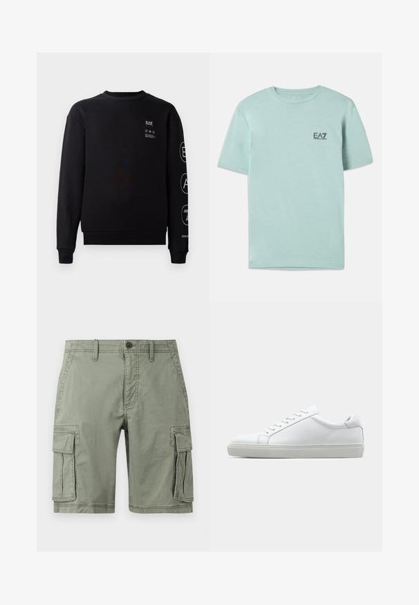 Schwarzes Sweatshirt aus Baumwolle mit Rundhalsausschnitt, gerippten Bündchen und Saum. Mit weißen Logodetails auf der Vorderseite und dem Ärmel.; Helles mintgrünes T-Shirt aus Baumwolle, mit kurzen Ärmeln und rundem Ausschnitt, mit einem kleinen schwarzen EA7-Logo auf der Brust.; Grüne Cargo-Shorts aus Baumwollmischung, mit zwei Seitentaschen, Knopfverschluss und geradem Schnitt.; Weißer Sneaker mit glattem Lederobermaterial und niedrigem Profil. Verfügt über eine runde Zehenpartie, sechs Ösen und eine strukturierte Gummisohle.
