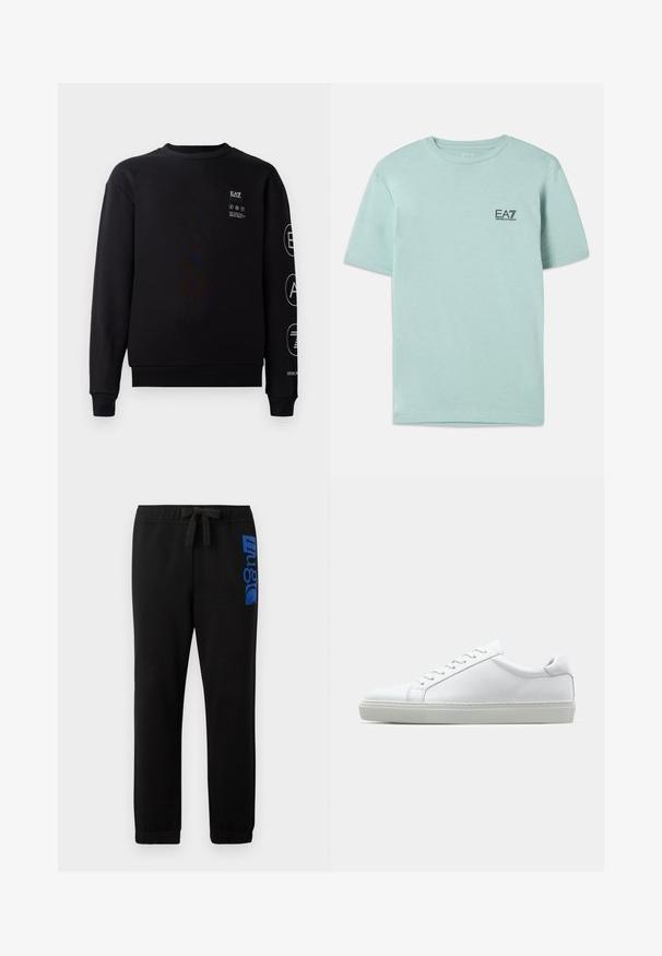 Schwarzes Sweatshirt aus Baumwolle mit Rundhalsausschnitt, gerippten Bündchen und Saum. Mit weißen Logodetails auf der Vorderseite und dem Ärmel.; Helles mintgrünes T-Shirt aus Baumwolle, mit kurzen Ärmeln und rundem Ausschnitt, mit einem kleinen schwarzen EA7-Logo auf der Brust.; Schwarze Sweatpants aus Baumwollmischung mit elastischem Bund und Kordelzug sowie einem blauen Logo, das am linken Bein aufgedruckt ist.; Weißer Sneaker mit glattem Lederobermaterial und niedrigem Profil. Verfügt über eine runde Zehenpartie, sechs Ösen und eine strukturierte Gummisohle.