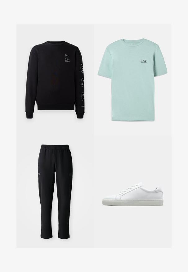Must mustega puuvillane sweatshirt ümmarguse kaelusega, soonikkoes mansetid ja allserv. Esiküljel ja varrukal on valged logo detailid.; Hele helesinine t-särk, mis on valmistatud puuvillast, lühikeste varrukatega ja ümmarguse kaelusega, rinnal väike must EA7 logo.; Mustad mustohsed püksid elastse vöökoha, küljetaskute ja diskreetsete logo printidega reitel, esitatud valgel taustal.; Valge tennisetoss, millel on sile nahk pealis ja madal profiil. Omab ümarat ninaosa, kuut silmust ja tekstuuriga kummist talda.