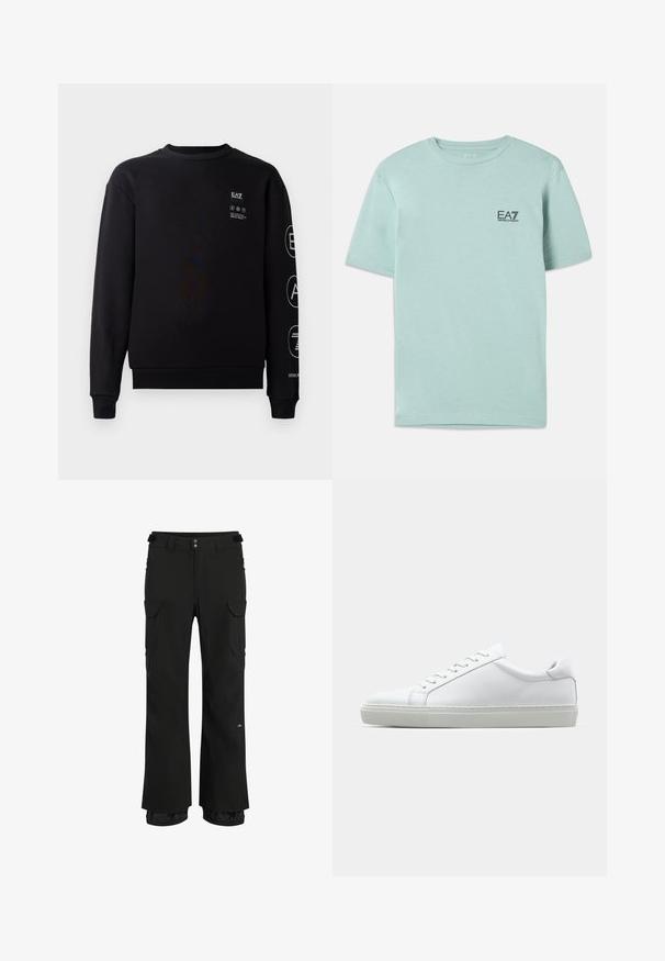 Hanorac negru din bumbac, cu guler rotund, manșete ribbate și tiv. Prezintă detalii cu logo alb pe față și pe mânecă.; Tricou verde mentă deschis, din bumbac, cu mâneci scurte și gât rotund, având un mic logo EA7 negru pe piept.; Pantaloni cargo negri, cu o croială lejeră, multiple buzunare laterale, talie ajustabilă și țesătură rezistentă la apă, ideal pentru utilizare în aer liber.; Adidași albi cu o suprafață din piele netedă și un profil jos. Au un vârf rotunjit, șase orificii pentru șireturi și o talpă din cauciuc texturată.