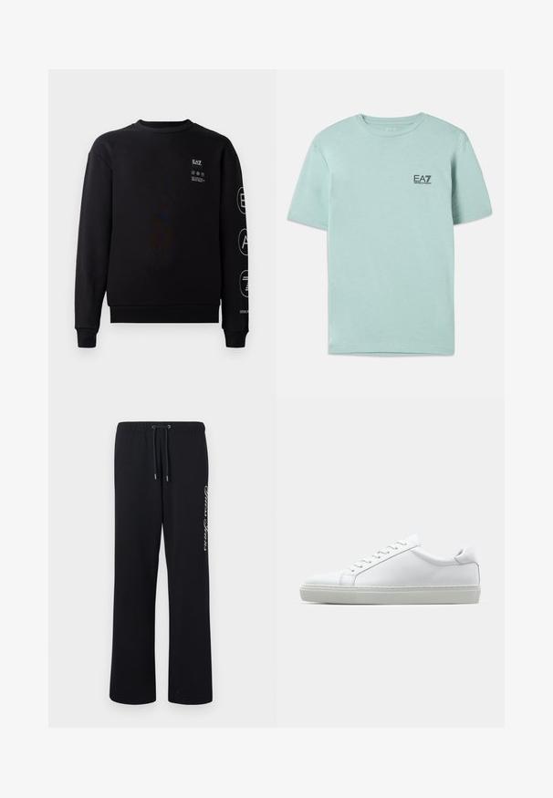 Black sweatshirt made of cotton with a crew neck, ribbed cuffs, and hem. Features white logo details on the front and sleeve.; Light mint green t-shirt made of cotton, featuring short sleeves and a round neck, with a small black EA7 logo on the chest.; Black sweatpants made of soft material with an elastic waistband and a drawstring. Features text printed in white on one side.; White sneaker with a smooth leather upper and a low profile. Features a rounded toe, six eyelets, and a textured rubber sole.
