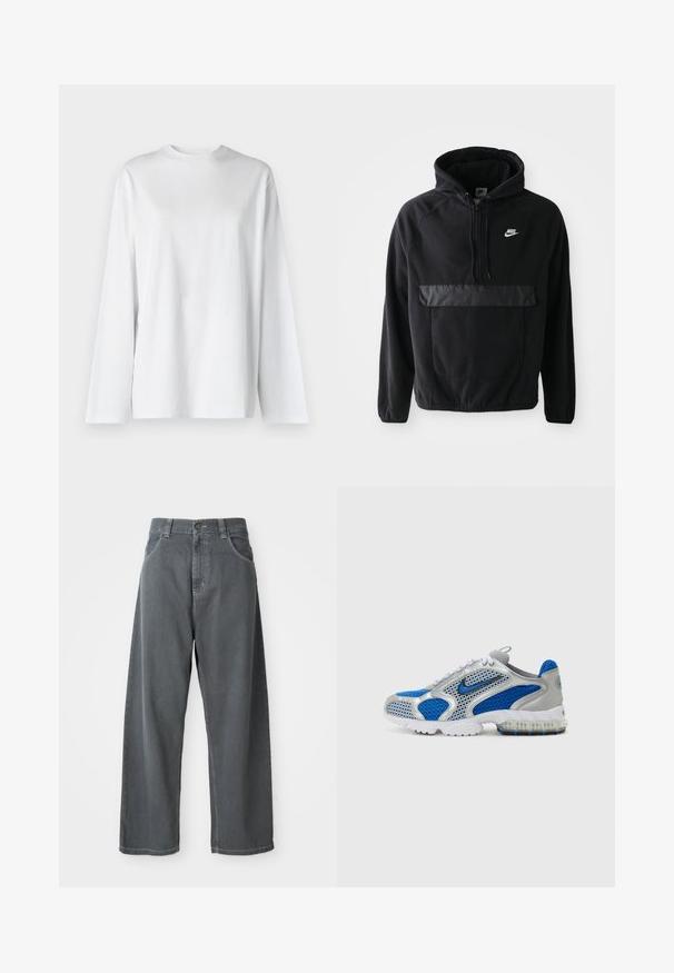 Crni Nike dukserica koja se ističe teksturiranim flis materijalom, prednjim džepom s glatkom mat završnom obradom i kapuljačom s podesivim vezicom. Logo na prsima.; Weekday OVERSIZED LONG SLEEVE - Top dugih rukava - white; Sive traperice širokog kroja s visokim strukom, koje imaju prednje džepove, petlje za remen i dugme na struku.; Plave i srebrne atletske tenisice s mrežastim panelima, podstavljenim ovratnikom i prozirnom potplatom s plavim naglasima. Kontrastne vezice upotpunjuju dizajn.