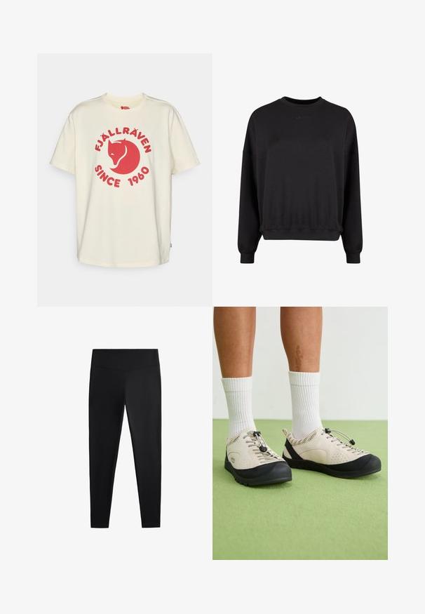 Fekete pulóver kerek nyakkal, laza szabással és bordás mandzsettával. Elülső oldalon diszkrét, domború logóval rendelkezik. Puha anyag, matt felülettel.; Krém színű pamut póló, piros grafikával, amelyen egy róka embléma, a "Fjällräven Since 1960" felirat, és egy kis díszítés található a szegélyen.; Fekete leggings sima, rugalmas anyagból. Széles derékpánt és szűkülő lábzárás jellemzi, alkalmas aktív vagy laza viseletre.; Beige cipők fekete részletekkel, hálós oldalpanelekkel és biztonságos fűzőn húzóval. Vastag gumi talp, mintázott barázdával. Fehér zoknikkal viselve.