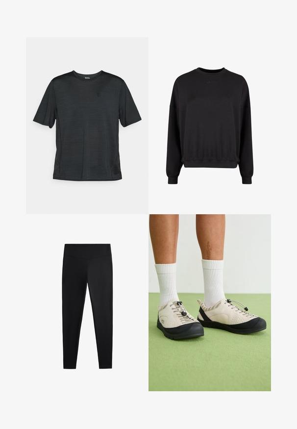 Zwarte sweatshirt met een ronde hals, relaxte pasvorm en ribgebreide manchetten. Heeft een subtiel reliëf logo aan de voorkant. Zacht materiaal met een matte afwerking.; Zwart athletic shirt met korte mouwen, gemaakt van lichtgewicht, vochtregulerende stof. Voorzien van een ronde hals en een klein logo op de borst.; Zwarte leggings van gladde, rekbare stof. Voorzien van een brede tailleband en een taps toelopend pootdesign, geschikt voor actieve of casual kleding.; Beige schoenen met zwarte accenten, gaas zijkanten en een veilige vetersluiting. Dikke rubberen zolen met een gemusterde profiel. Draag met witte sokken.