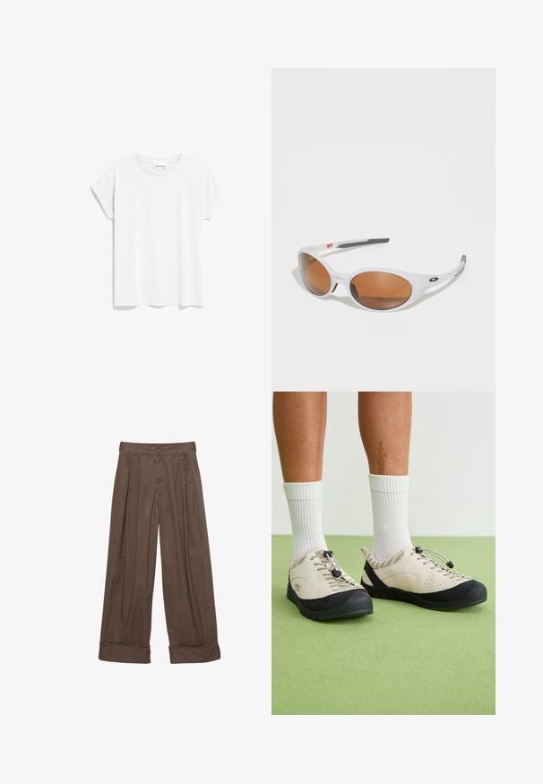 Schwarzer Pullover mit Rundhalsausschnitt, lockerer Passform und gerippten Säumen. Verfügt über ein dezentes, eingeprägtes Logo auf der Vorderseite. Weiches Material mit matter Oberfläche.; ARMEDANGELS IDAARA - T-Shirt basic - white; Braune weite Hosen aus Baumwolle mit Knopfverschluss, gefältelter Vorderseite und umgeschlagenen Säumen für einen entspannten Sitz.; Beige Schuhe mit schwarzen Akzenten, Netzseitenteilen und einem sicheren Schnürzug. Dicke Gummisohlen mit strukturiertem Profil. Tragen mit weißen Socken.; Weiße Sonnenbrille mit braunen Gläsern, ovale Form, aus glattem Kunststoff, mit grauen Akzenten an den Bügeln und einem Logo auf dem Rahmen.