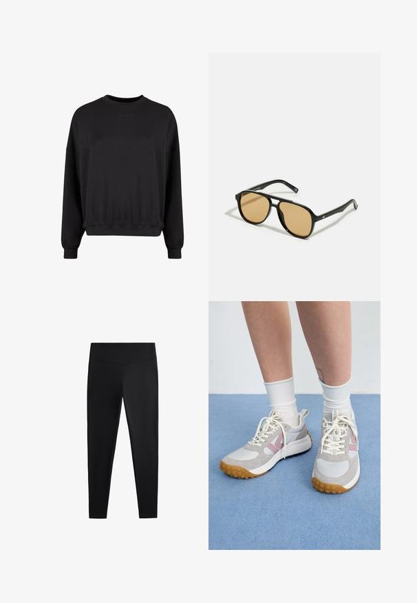 Fekete pulóver kerek nyakkal, laza szabással és bordás mandzsettával. Elülső oldalon diszkrét, domború logóval rendelkezik. Puha anyag, matt felülettel.; Fekete leggings sima, rugalmas anyagból. Széles derékpánt és szűkülő lábzárás jellemzi, alkalmas aktív vagy laza viseletre.; Világosszürke sportcipők rózsaszín kiegészítőkkel, fehér bőr panelek és texturált gumi talp. A fűző krémszínű, a zoknik pedig fehérek.; Fekete napszemüveg barna árnyalatú lencsékkel; téglalap alakú, vastag kerettel, a szárakon diszkrét fém részletekkel.