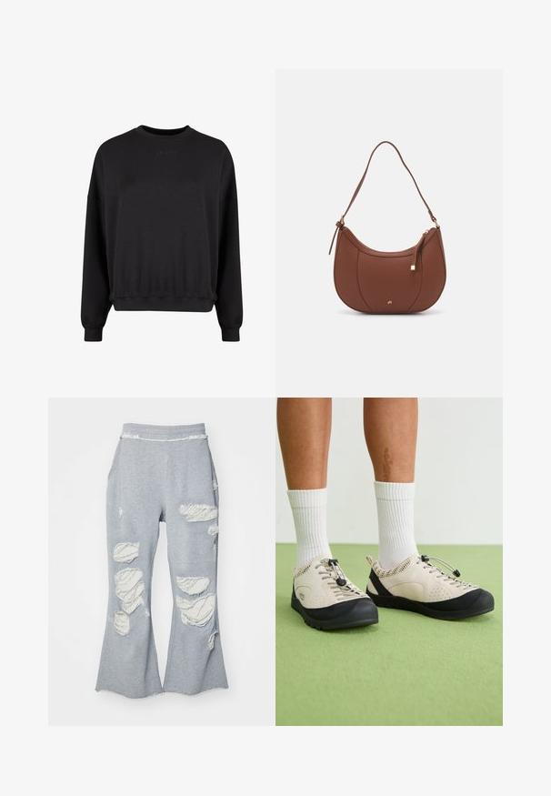 Sort sweatshirt med crew neck, afslappet pasform og ribstrikkede manchetter. Har et diskret præget logo på forsiden. Blødt materiale med mat finish.; Grå sweatpants med et design med udvidede ben, der har flere slidte lapper, som viser lettere stof. Elastisk talje for komfort.; Beige sko med sorte accenter, mesh sidedele og et sikkert snørebånd. Tykk gummisål med mønstret slidbane. Båret med hvide sokker.; Brun faux læder skuldertaske med buet form, minimal syning og en guldtonet hardwaredetalje. Har en top lynlåslukning og justerbar rem.