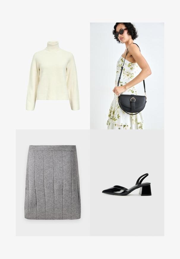 Cremefarvet rullekravesweater med en tekstureret ribbet design, raglanærmer og en afslappet pasform, der har subtile lodrette mønstre.; Object OBJTHESS - Mini skirts  - medium grey; Sorte patentlæder slingback hæle med spids tå og en geometrisk blok hæl. Har et elegant, minimalistisk design og en glat tekstur.; Sort læderhåndtaske med en buet form, aftagelig rem og guldfinish. Tasken har en klap med en spænde detalje.
