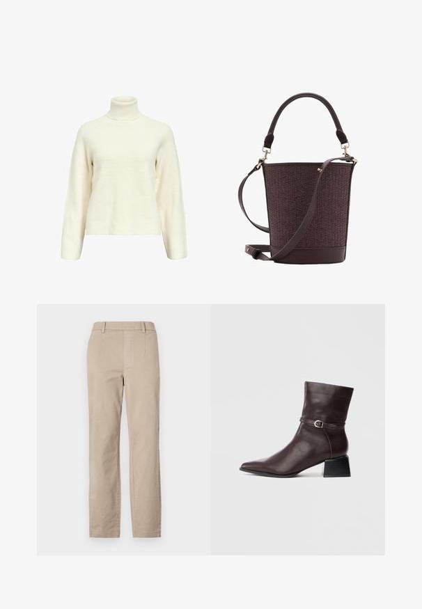 Pull en col montant crème avec un design ribbed texturé, des manches raglan et une coupe décontractée, présentant de subtils motifs verticaux.; Pantalon en coton beige à jambe droite, doté de passants de ceinture et sans embellissements ni motifs visibles.; Botte en cuir marron foncé mi-mollet avec un bout pointu, un talon carré et une fine sangle avec une boucle en métal autour de la cheville.; Sac seau tissé marron avec un fond en cuir lisse, une poignée supérieure et une bandoulière réglable. Présente des accents en métal doré.