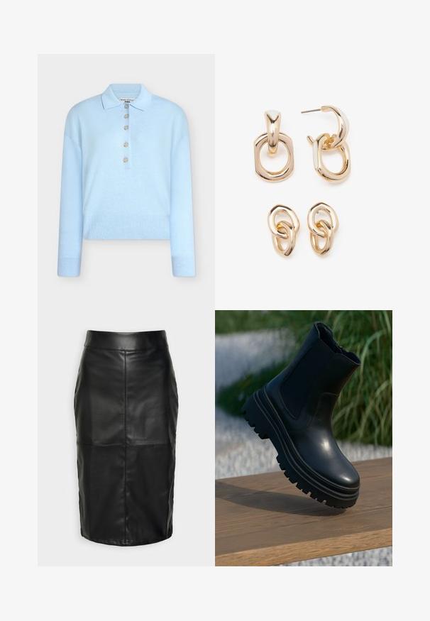 Lyseblå, avkortet strikkegenser med flat krage og knappestolpe med fem knapper. Har lange ermer og ribbestrikket tekstur nederst.; Svart skinnskjørt med en jevn tekstur, med høy midje og sømmer som skaper en diskret, strukturert fasong.; Svart lær ankelstøvel med tykk såle, elastiske sidepaneler og en glatt overflate. Hevet design med kontrasterende såledetaljer.; Gullfargede øreringer med en blanding av geometriske former: en firkant, sirkel og sammenkoblede ovale design med en polert finish.