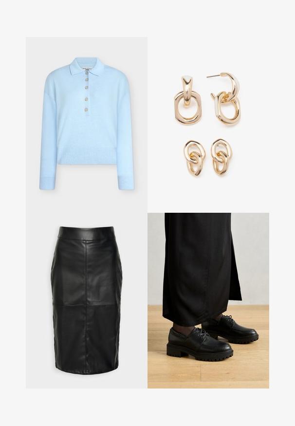 Camisola curta de malha azul-claro com gola plana e fecho de cinco botões. Apresenta mangas compridas e textura canelada na bainha.; Saia de couro preta com uma textura suave, apresentando uma cintura alta e costuras acolchoadas que criam uma forma discreta e estruturada.; Sapatos de couro pretos com bico arredondado, sola de borracha espessa e atacadores. O design apresenta costura decorativa ao longo da parte superior.; Brincos em tom de ouro com uma mistura de formas geométricas: um quadrado, um círculo e desenhos ovais ligados, todos com um acabamento polido.