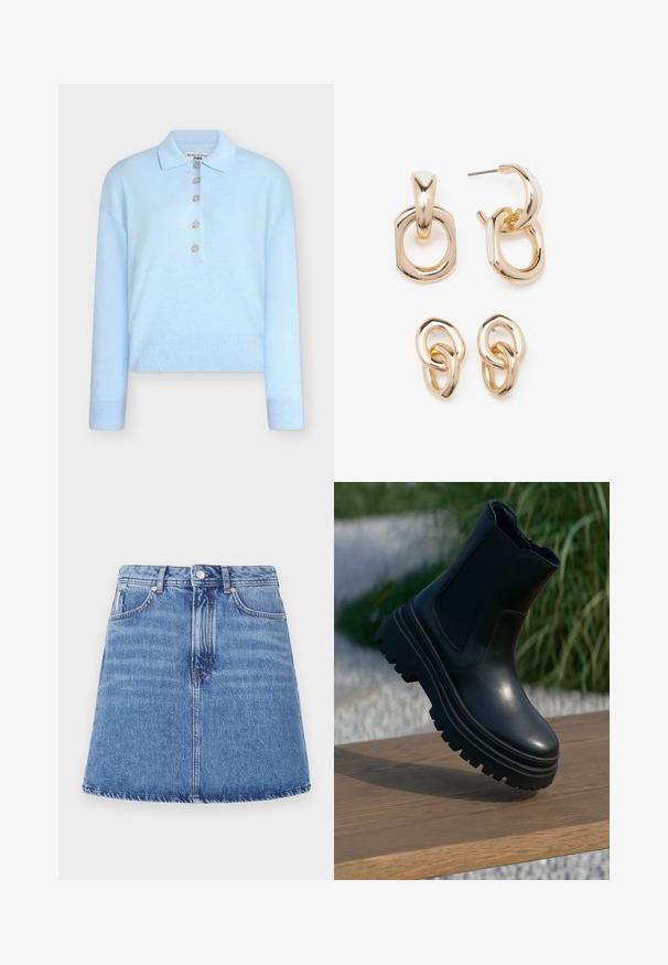 Lyseblå, kort strikket trøje med flad krave og lukning med fem knapper. Har lange ærmer og ribbet tekstur ved kanten.; Denim nederdel med en udslået A-linjeform, lys blå vask, to forlommer og knaplukning i taljen. Synligt syninger.; Sort læder ankelstøvle med en kraftig sål, elastiske sidepaneler og en glat overflade. Elevaret design med kontrasterende såldetalje.; Guldtonede øreringe med en blanding af geometriske former: et kvadrat, en cirkel og sammenkoblede ovale designs med en poleret overflade.