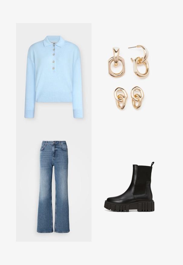 Hele sinine lühendatud kudumiga kampsun, millel on lame krae ja viie nupuga kinnis. Omab pikki varrukaid ja soonilise tekstuuriga ääri.; Mos Mosh MAI - Sirgete säärtega teksad - blue wash; Must mustad nahk saapad, millel on rõhkuv platvormi tald ja kummist külgpaneelid, mis muudavad jalga panemise lihtsaks. Külgedel on diskreetne brändimine.; Kuldsete toonidega kõrvarõngad, millel on geomeetriliste kujundite segu: ruut, ring ja ühendatud ovaalsed kujundid, millel on poleeritud viimistlus.