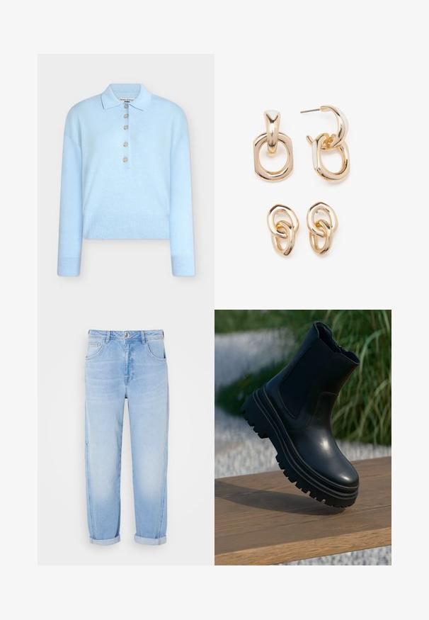 Lyseblå, avkortet strikkegenser med flat krage og knappestolpe med fem knapper. Har lange ermer og ribbestrikket tekstur nederst.; Lyseblå denimjeans med høy midje, rett passform, oppbrettede ermer og fem-lomme design. Lette falmede tekstur med synlig søm.; Svart lær ankelstøvel med tykk såle, elastiske sidepaneler og en glatt overflate. Hevet design med kontrasterende såledetaljer.; Gullfargede øreringer med en blanding av geometriske former: en firkant, sirkel og sammenkoblede ovale design med en polert finish.