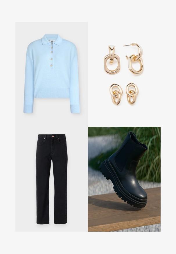 Camisola curta de malha azul-claro com gola plana e fecho de cinco botões. Apresenta mangas compridas e textura canelada na bainha.; Jeans de ganga pretos com corte reto, design de cinco bolsos, detalhes em botão cobre e costura mínima visível.; Bota de tornozelo em couro preto com sola robusta, painéis laterais elásticos e acabamento suave. Design elevado com detalhe de solado em contraste.; Brincos em tom de ouro com uma mistura de formas geométricas: um quadrado, um círculo e desenhos ovais ligados, todos com um acabamento polido.