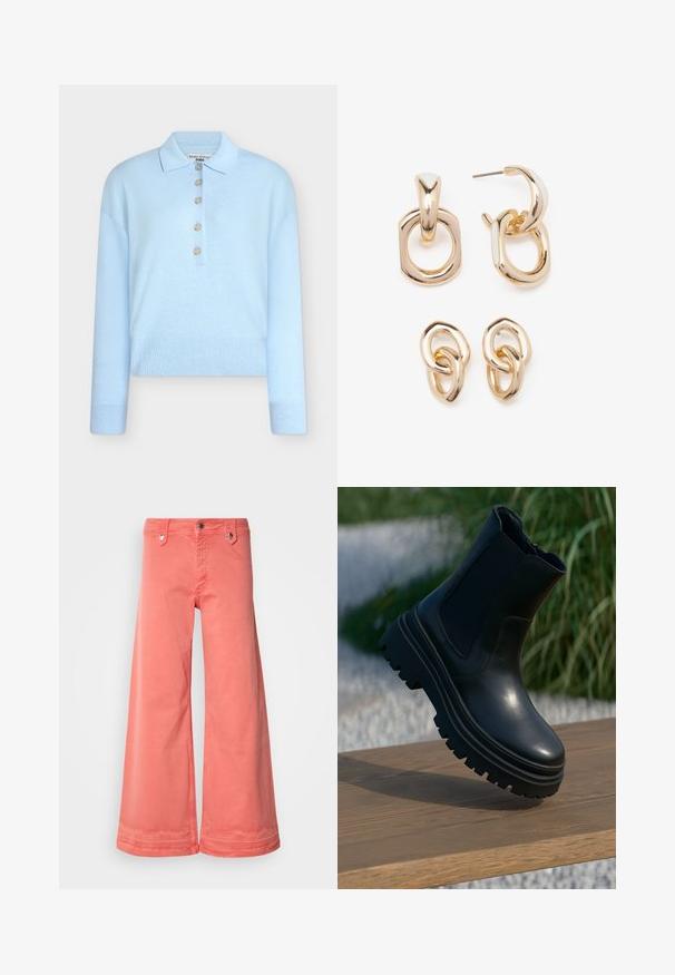 Világoskék, rövidített kötött pulóver lapos gallérral és öt gombos záródással. Hosszú ujjú, és bordázott mintázatú az alján.; Korall színű, bőv kategóriás nadrág, ami pamutból készült, öt zsebbel, fém hardverrel és tiszta befejezéssel az alján. Klasszikus gombos és cipzáras záródással rendelkezik.; Fekete bőr bokacsizma tompa talppal, elasztikus oldalsó panellel és sima felülettel. Emelt kialakítás, kontrasztos talp mintázattal.; Aranyszínű fülbevalók, amelyek geometriai formák keverékét tartalmazzák: négyzet, kör és összekapcsolt ovális minták, fényes felülettel.