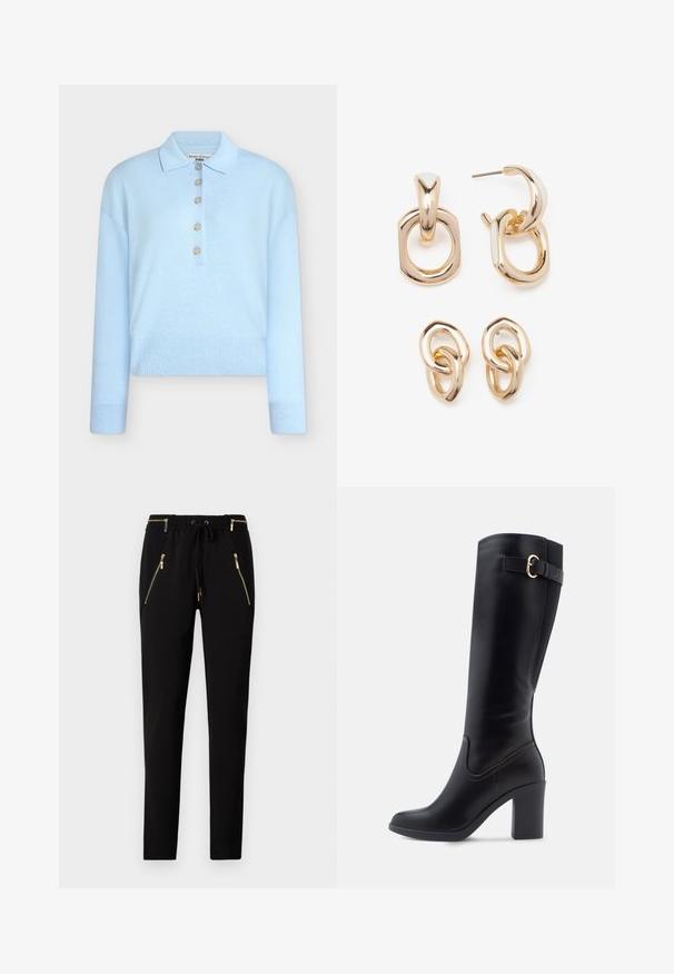 Hele sinine lühendatud kudumiga kampsun, millel on lame krae ja viie nupuga kinnis. Omab pikki varrukaid ja soonilise tekstuuriga ääri.; Mustad püksid elastse vöökoht ja nööriga. Omab kahte esimest lukuga taskut, millel on kuldsedDetailid. Sile tekstuur.; Põlveni ulatuvad mustad sünteetilised saapad ruudukujulise ninaga, plokkontsa, külgmise pandla ja sileda pinnaga.; Kuldsete toonidega kõrvarõngad, millel on geomeetriliste kujundite segu: ruut, ring ja ühendatud ovaalsed kujundid, millel on poleeritud viimistlus.