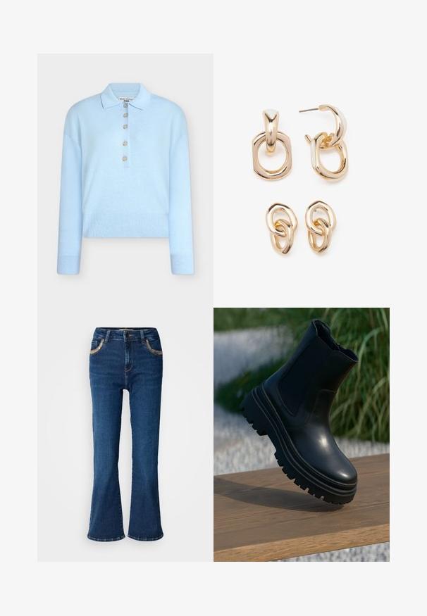 Camisola curta de malha azul-claro com gola plana e fecho de cinco botões. Apresenta mangas compridas e textura canelada na bainha.; Calças de ganga azuis escuras, com um acabamento suave, costuras douradas em contraste e detalhes nos bolsos frontais. Design clássico de cinco bolsos.; Bota de tornozelo em couro preto com sola robusta, painéis laterais elásticos e acabamento suave. Design elevado com detalhe de solado em contraste.; Brincos em tom de ouro com uma mistura de formas geométricas: um quadrado, um círculo e desenhos ovais ligados, todos com um acabamento polido.
