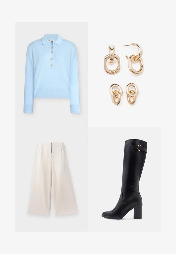 Pulover tricotat bleu deschis, scurt, cu guler plat și închidere cu cinci nasturi. Are mâneci lungi și textură striată la tiv.; Pantaloni largi bej dintr-un material neted, cu talie înaltă, buzunare laterale și un design curat, minimalist.; Cizme negre sintetice până la genunchi, cu vârf pătrat, toc gros, detaliu lateral cu cataramă și textură netedă a suprafeței.; Cercei aurii cu un amestec de forme geometrice: un pătrat, un cerc și modele ovale legate, având un finisaj lucios.
