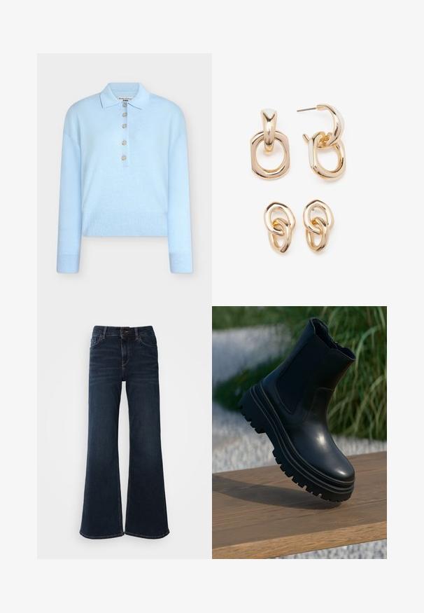 Lyseblå, avkortet strikkegenser med flat krage og knappestolpe med fem knapper. Har lange ermer og ribbestrikket tekstur nederst.; Mos Mosh HERA - Flared jeans - dark blue; Svart lær ankelstøvel med tykk såle, elastiske sidepaneler og en glatt overflate. Hevet design med kontrasterende såledetaljer.; Gullfargede øreringer med en blanding av geometriske former: en firkant, sirkel og sammenkoblede ovale design med en polert finish.