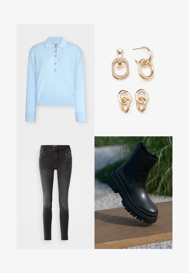 Camisola curta de malha azul-claro com gola plana e fecho de cinco botões. Apresenta mangas compridas e textura canelada na bainha.; Jeans skinny pretos feitos de denim, com fecho na parte da frente, detalhes com tachas nos bolsos e uma textura suave.; Bota de tornozelo em couro preto com sola robusta, painéis laterais elásticos e acabamento suave. Design elevado com detalhe de solado em contraste.; Brincos em tom de ouro com uma mistura de formas geométricas: um quadrado, um círculo e desenhos ovais ligados, todos com um acabamento polido.