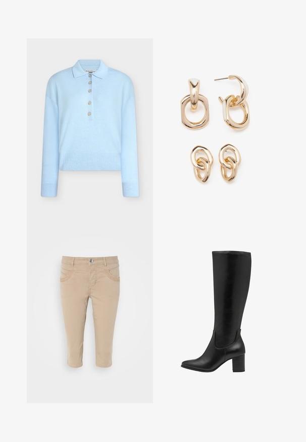 Hele sinine lühendatud kudumiga kampsun, millel on lame krae ja viie nupuga kinnis. Omab pikki varrukaid ja soonilise tekstuuriga ääri.; Beežid lühikesed chinosid, millel on sile puuvilla tekstuur, kahe esipocketiga ja nööbiga kinnisüste talje juures.; Mustad kuni põlve ulatuvad saapad, mis on valmistatud siledast nahast. Neil on kitsa nina, plokknõlv ja elastsed külgpaneelid mugavaks selga panemiseks.; Kuldsete toonidega kõrvarõngad, millel on geomeetriliste kujundite segu: ruut, ring ja ühendatud ovaalsed kujundid, millel on poleeritud viimistlus.