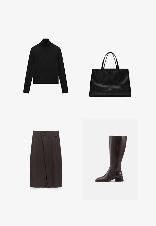 Schwarzer Rollkragenpullover mit langen Ärmeln, aus einem weichen Stoff gefertigt. Er zeichnet sich durch ein figurbetontes Design mit geripptem Muster an Kragen und Saum aus.; Dunkelbrachter knielanger Rock mit Gürtelschlaufen, einer vorderen Falte, Seitentasche und einer aufgesetzten, mit Knopf verschlossenen Tasche hinten.; Knöchelhohe, braune Lederstiefel mit glatter Oberfläche, abgerundeter Spitze und gestapeltem schwarzen Absatz. Schlichtes Design mit minimalen Hardware-Details.; Schwarze Leder-Tote mit zwei langen Griffen, einer strukturierten Form, glatter Textur und minimalistischem Design. Keine sichtbaren Beschläge oder Akzente.