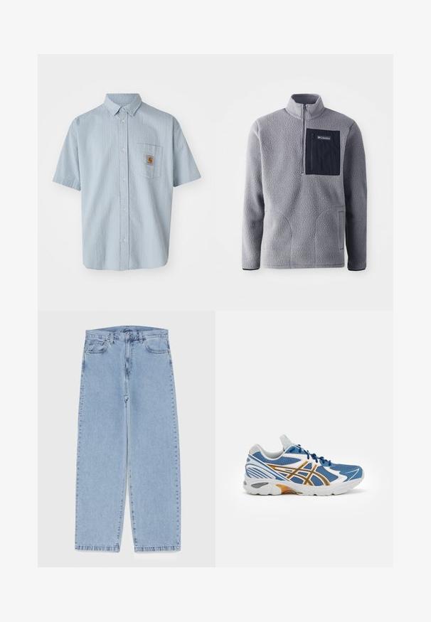 Grey fleece pullover with a half-zip collar, a navy chest pocket, two side pockets, and textured fabric. Lightweight and casual design.; Light blue short-sleeve button-up shirt with a textured pattern, single chest pocket, and a square Carhartt logo patch on the pocket.; Light blue denim jeans with straight leg design, featuring a mid-rise waist, five pockets, and a button and zipper closure.; Blue athletic shoe with mesh upper, white and orange accents, cushioned midsole, and textured rubber outsole. Features lace-up design.