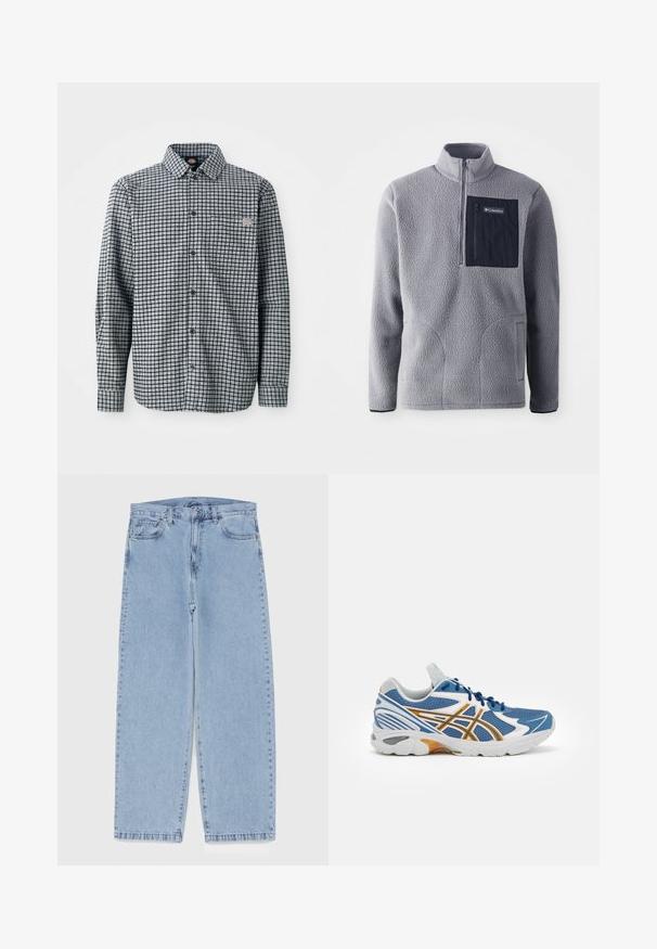 Pilkas vilnonis megztinis su pusiau užtrauktuku, tamsiai mėlyna krūtinės kišenė, dvi šoninės kišenės ir tekstūruota medžiaga. Lengvas ir kasdienis dizainas.; Ilgų rankovių juodai-baltas langeliais marškinis su apykakle ir maža logotipo etikete kairėje krūtinės kišenėje.; Šviesiai mėlyni džinsai su tiesiomis kojomis, turintys vidutinio aukščio juosmenį, penkias kišenes ir mygtuko bei užtrauktuko uždarymą.; Mėlyni sportiniai batai su tinklelio viršumi, baltais ir oranžiniais akcentais, paminkštintu vidpadžiu ir tekstūruotu guminio pado apvadu. Yra raištelių uždarymas.