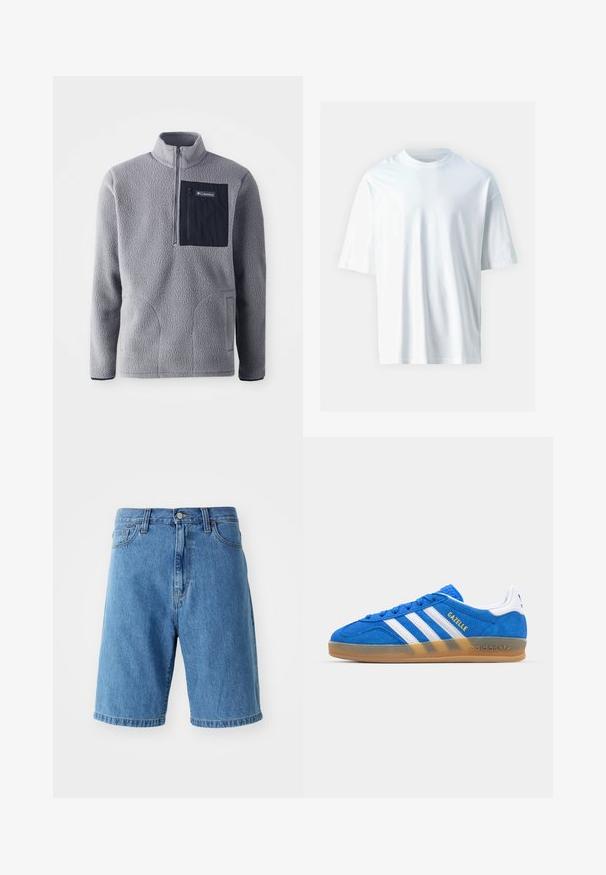 Pilkas vilnonis megztinis su pusiau užtrauktuku, tamsiai mėlyna krūtinės kišenė, dvi šoninės kišenės ir tekstūruota medžiaga. Lengvas ir kasdienis dizainas.; Balta trumpo rankovio marškinėliai, pagaminti iš minkštos medvilnės. Su apvaliu iškirpimu, laisvu siluetu ir glotnia tekstūra. Nėra matomų raštų ar akcentų.; Mėlyni džinsiniai šortai su atsipalaidavusiu kirpimu, juosmeniu su diržo kilputėmis, priekyje mygtuko uždarymu ir pasuktais kraštais. Nėra matomų raštų ar akcentų.; Mėlyni zomšiniai sportbačiai su baltais dryžiais ir „Gazelle“ tekstu. Yra guminis padas ir tekstūruoti akcentai ant viršaus. Klasikinis dizainas.