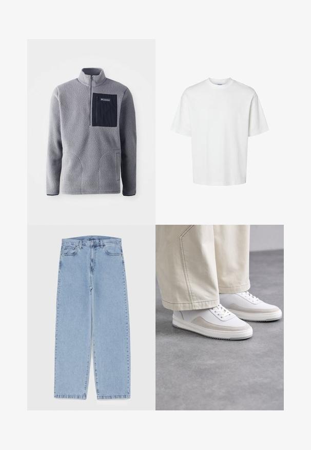 Šedý fleece pulovr s polo zipem, náprsní kapsou v námořnické modři, dvěma bočními kapsami a texturovaným materiálem. Lehký a pohodlný design.; Bílý bavlněný tričko s krátkými rukávy, klasickým kulatým výstřihem a volným střihem. Hladká textura bez viditelných vzorů nebo akcentů.; Světle modré džíny s rovnými nohavicemi, středním pasem, pěti kapsami a zapínáním na knoflík a zip.; Bílé tenisky s hladkým koženým svrškem, béžovými semišovými detaily, plochými tkaničkami a texturovanou gumovou podrážkou, zkombinované s světlými širokými kalhotami.