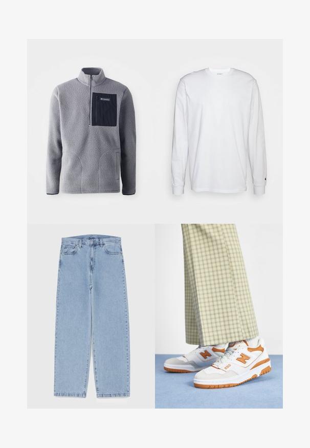 Grå fleece-pullover med halv-zip krage, en marineblå brystlomme, to sidelommer og teksturert stoff. Lett og uformell design.; Hvit langermet T-skjorte laget av bomull. Rund hals-design med ribbestrikkede mansjetter og en liten logo på venstre erme. Glatt tekstur.; Lyseblå denimjeans med rett ben-design, med mid-rise liv, fem lommer og knap og lynlås lukning.; Hvite sneakers med oransje detaljer, med perforert side, polstret krage og teksturert gummisåle, kombinert med lyse rutete bukser.